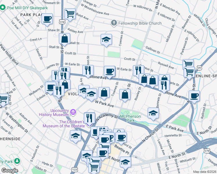 map of restaurants, bars, coffee shops, grocery stores, and more near 12 Neal Street in Greenville