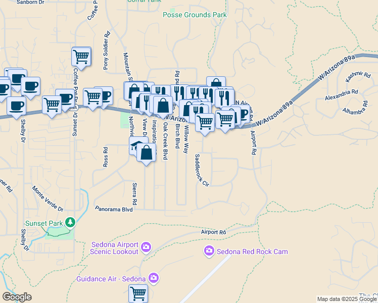 map of restaurants, bars, coffee shops, grocery stores, and more near 90 Willow Way in Sedona