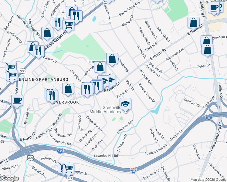 map of restaurants, bars, coffee shops, grocery stores, and more near 1731 East North Street in Greenville