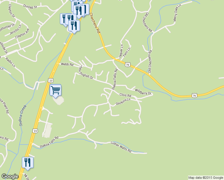 map of restaurants, bars, coffee shops, grocery stores, and more near 310 Stekoa Falls Road in Clayton