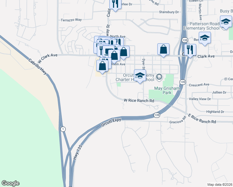 map of restaurants, bars, coffee shops, grocery stores, and more near 485 South 1st Street in Santa Maria