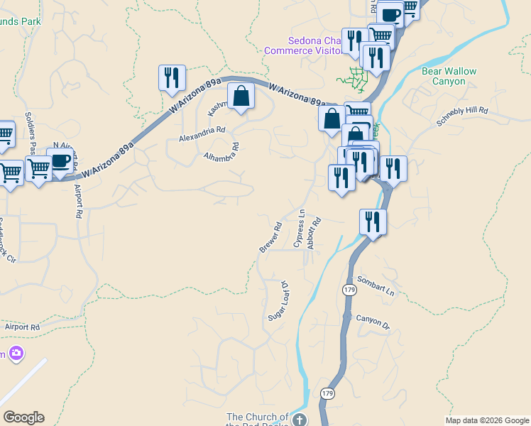 map of restaurants, bars, coffee shops, grocery stores, and more near 200 Les Springs Drive in Sedona