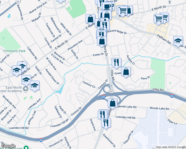map of restaurants, bars, coffee shops, grocery stores, and more near 29 Falcon Crest Drive in Greenville