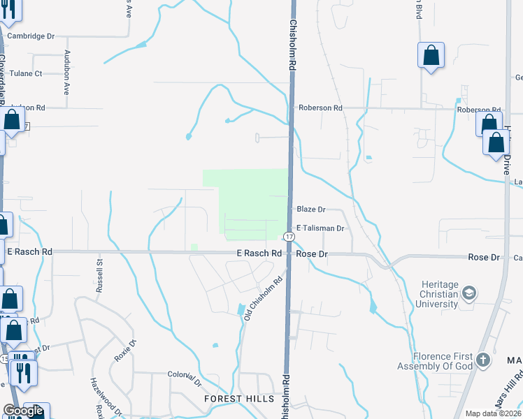 map of restaurants, bars, coffee shops, grocery stores, and more near 3931 Chisholm Road in Florence