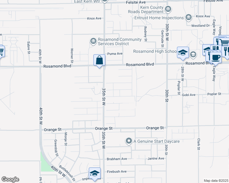 map of restaurants, bars, coffee shops, grocery stores, and more near 3376 Stella Avenue in Rosamond