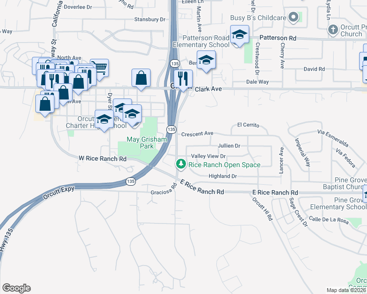 map of restaurants, bars, coffee shops, grocery stores, and more near 5371 Highland Drive in Santa Maria