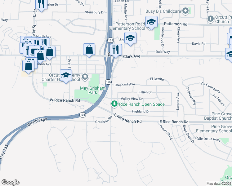 map of restaurants, bars, coffee shops, grocery stores, and more near 5371 Highland Drive in Santa Maria