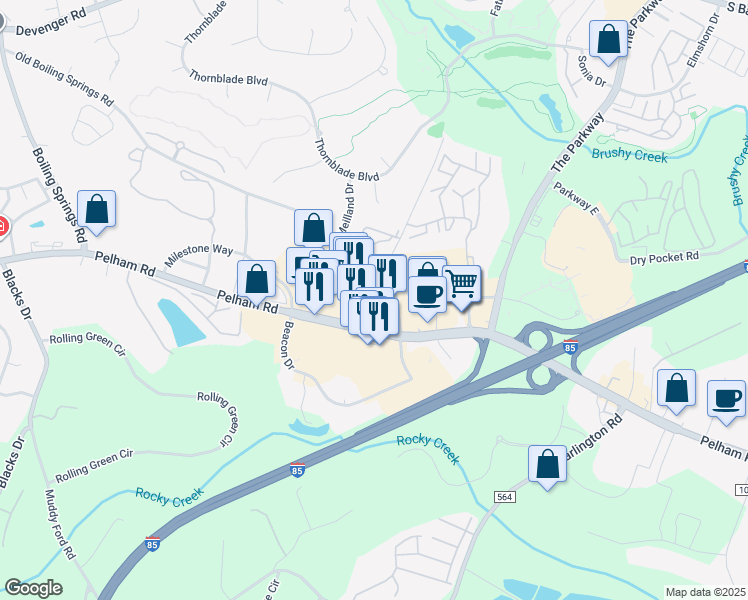 map of restaurants, bars, coffee shops, grocery stores, and more near 3621 Pelham Road in Greenville