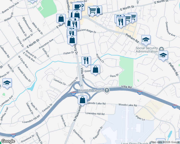 map of restaurants, bars, coffee shops, grocery stores, and more near 15 Villa Road in Greenville