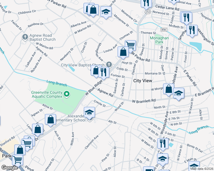 map of restaurants, bars, coffee shops, grocery stores, and more near 2317 West Blue Ridge Drive in Greenville