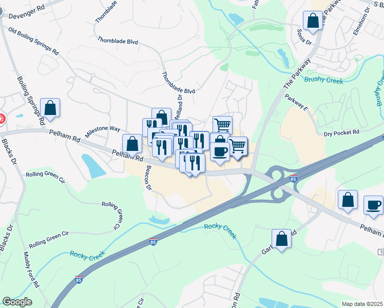 map of restaurants, bars, coffee shops, grocery stores, and more near 3715 Pelham Road in Greenville