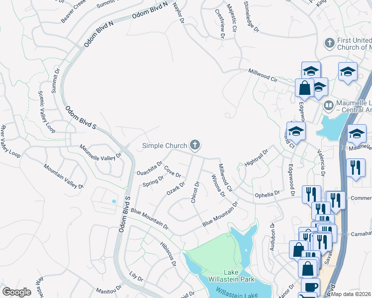 map of restaurants, bars, coffee shops, grocery stores, and more near 29 Ouachita Drive in Maumelle