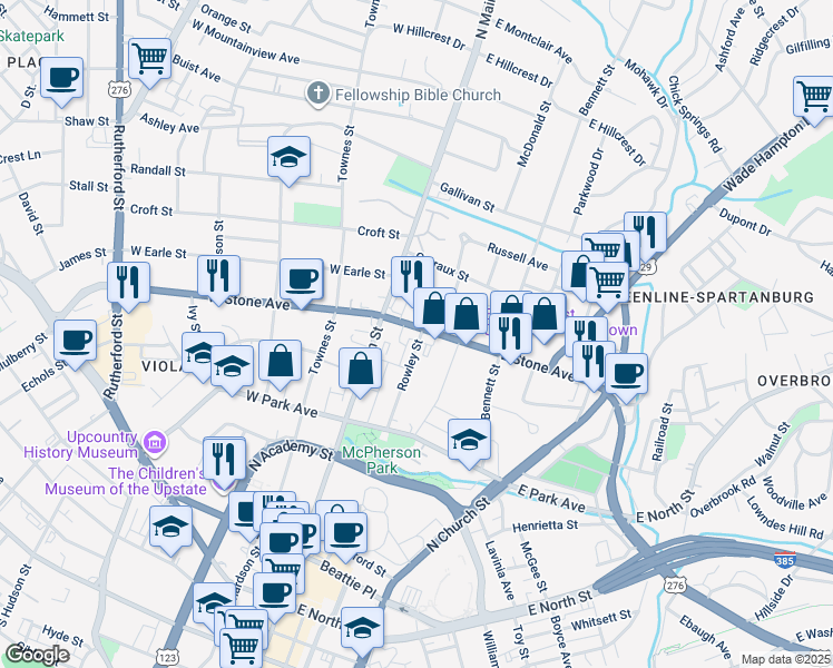 map of restaurants, bars, coffee shops, grocery stores, and more near 18 East Stone Avenue in Greenville