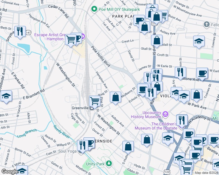 map of restaurants, bars, coffee shops, grocery stores, and more near 802 Hampton Avenue in Greenville