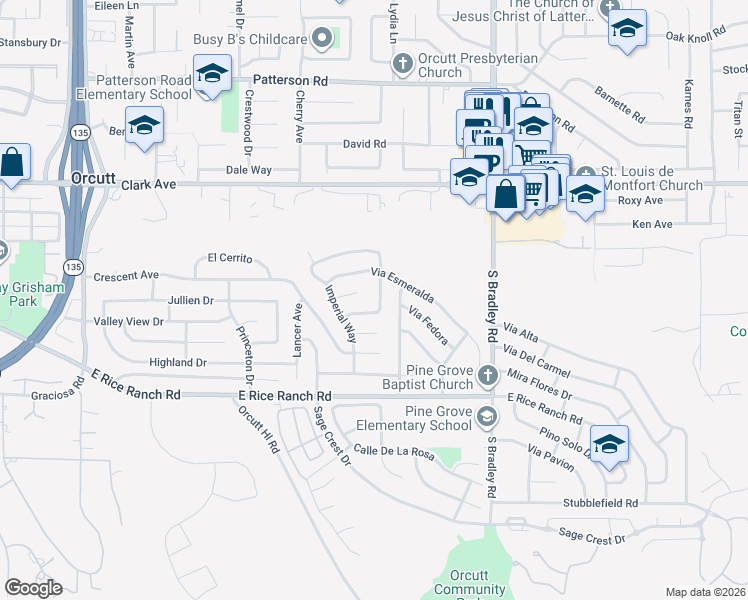 map of restaurants, bars, coffee shops, grocery stores, and more near 5445 Del Norte Way in Santa Maria
