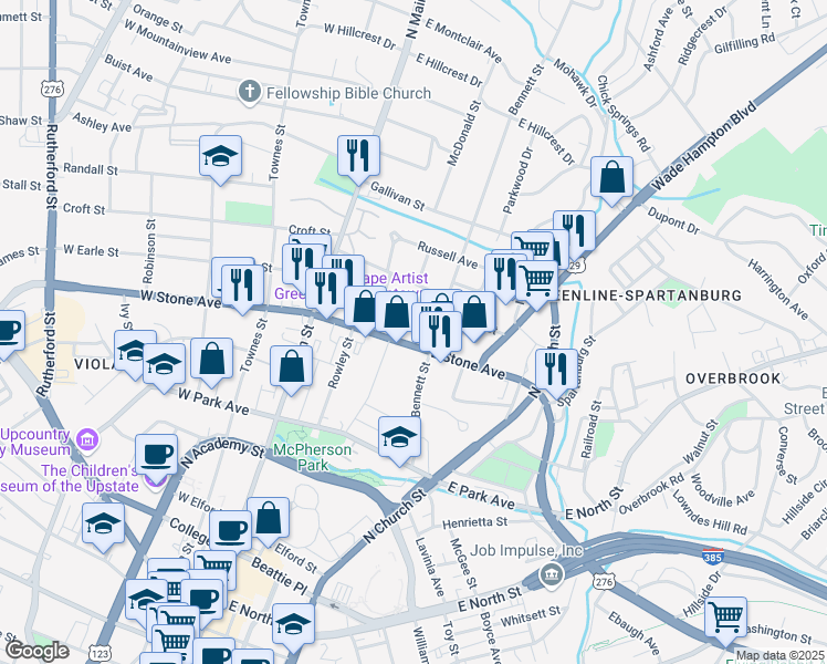 map of restaurants, bars, coffee shops, grocery stores, and more near 112 East Earle Street in Greenville