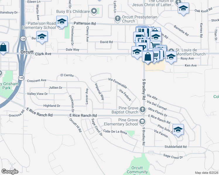 map of restaurants, bars, coffee shops, grocery stores, and more near 5445 Del Norte Way in Santa Maria