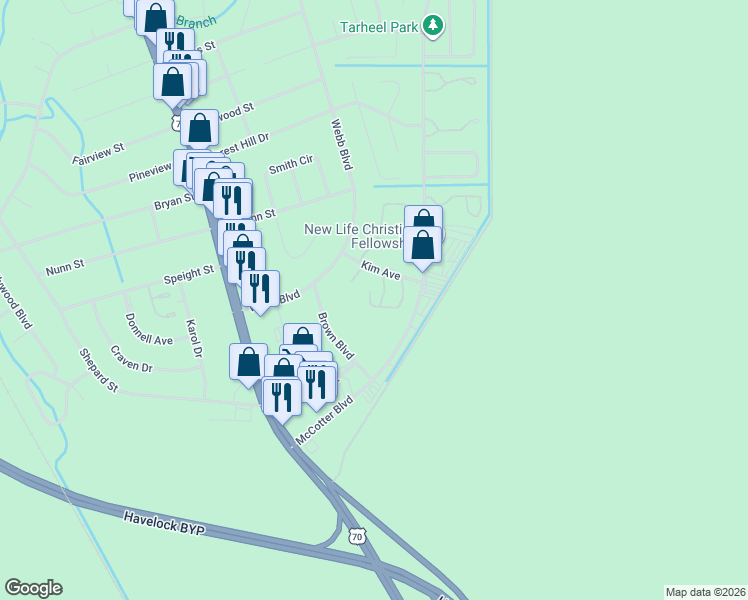 map of restaurants, bars, coffee shops, grocery stores, and more near 104 Verona Drive in Havelock