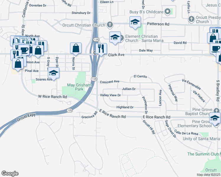 map of restaurants, bars, coffee shops, grocery stores, and more near 376 Jullien Drive in Santa Maria