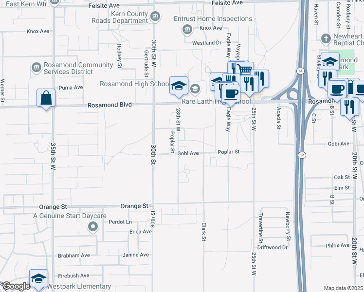 map of restaurants, bars, coffee shops, grocery stores, and more near 2875 Sycamore Avenue in Rosamond