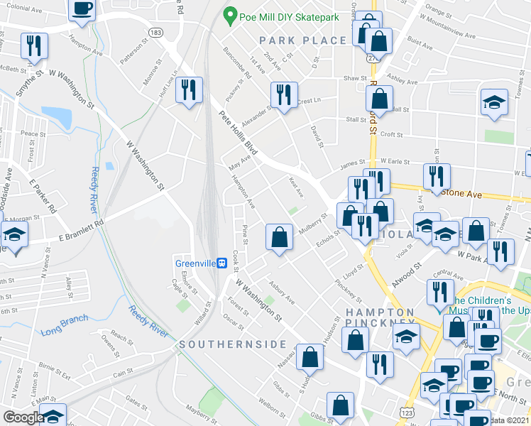 map of restaurants, bars, coffee shops, grocery stores, and more near 810 Hampton Avenue in Greenville