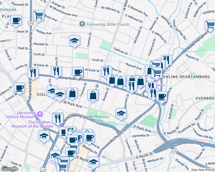 map of restaurants, bars, coffee shops, grocery stores, and more near 18 East Stone Avenue in Greenville