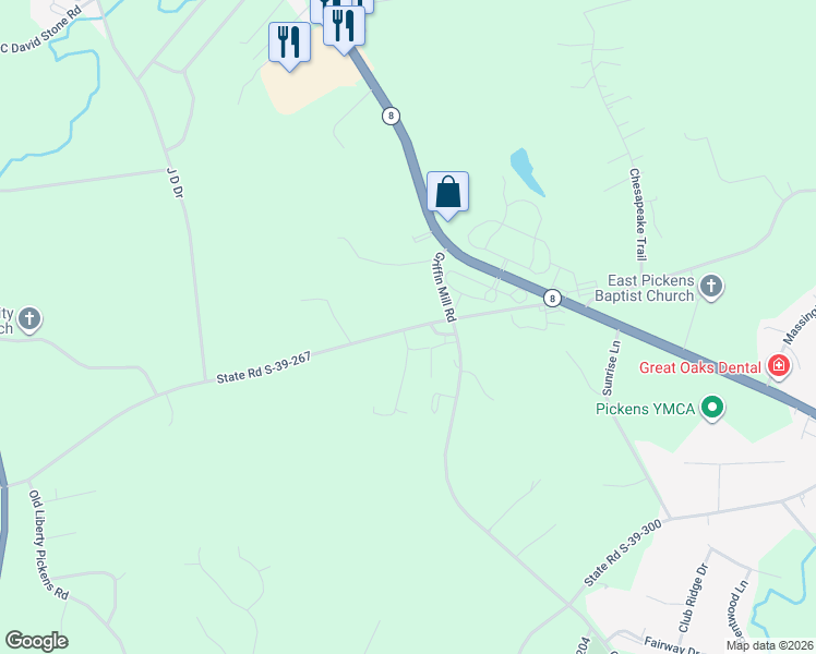map of restaurants, bars, coffee shops, grocery stores, and more near 517 Bethlehem Ridge Road in Pickens