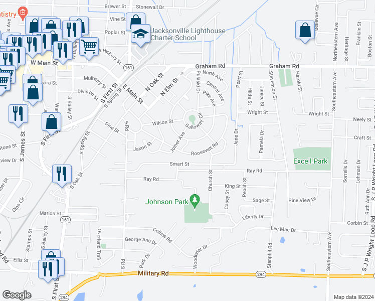 map of restaurants, bars, coffee shops, grocery stores, and more near 172 Roosevelt Road in Jacksonville