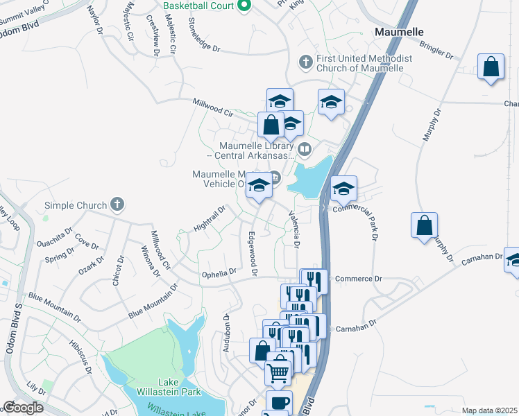 map of restaurants, bars, coffee shops, grocery stores, and more near 900 Edgewood Drive in Maumelle