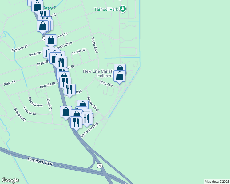 map of restaurants, bars, coffee shops, grocery stores, and more near 117 John Court in Havelock