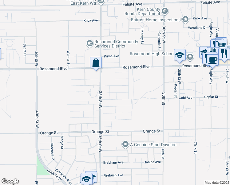 map of restaurants, bars, coffee shops, grocery stores, and more near 3440 Stella Avenue in Rosamond