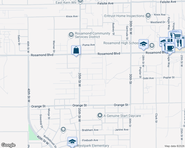 map of restaurants, bars, coffee shops, grocery stores, and more near 3382 Stella Avenue in Rosamond