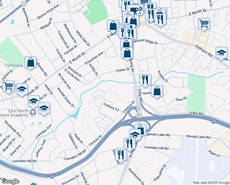 map of restaurants, bars, coffee shops, grocery stores, and more near 29 Falcon Crest Drive in Greenville