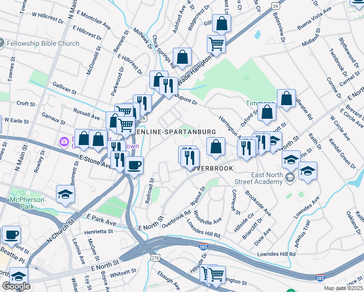 map of restaurants, bars, coffee shops, grocery stores, and more near 14 Hollywood Circle in Greenville