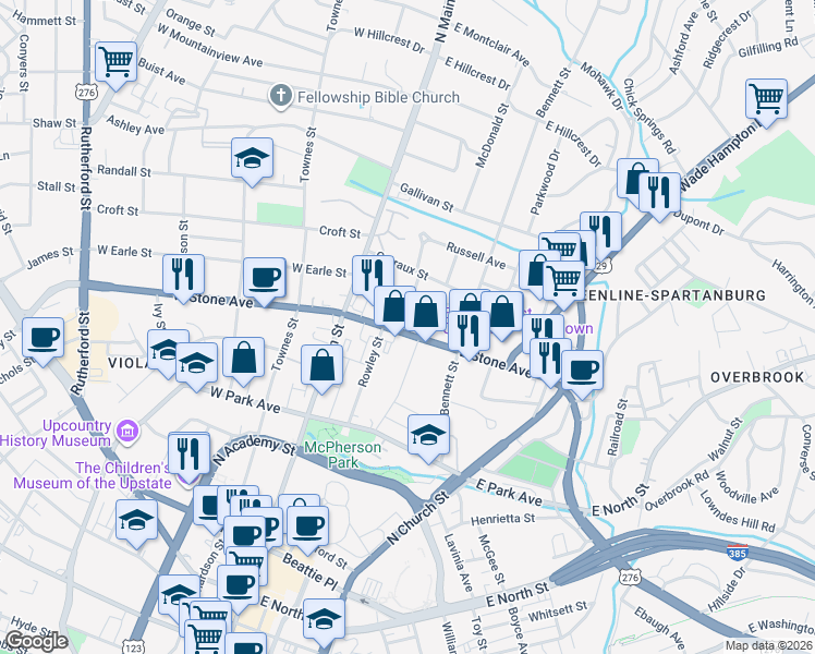 map of restaurants, bars, coffee shops, grocery stores, and more near 9 Elizabeth Street in Greenville