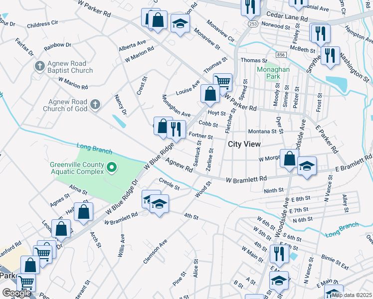 map of restaurants, bars, coffee shops, grocery stores, and more near 2317 West Blue Ridge Drive in Greenville