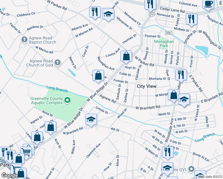 map of restaurants, bars, coffee shops, grocery stores, and more near 2317 West Blue Ridge Drive in Greenville
