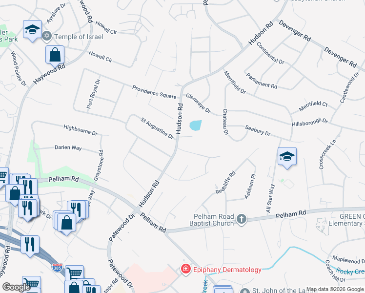 map of restaurants, bars, coffee shops, grocery stores, and more near 1 Prestige Court in Greenville