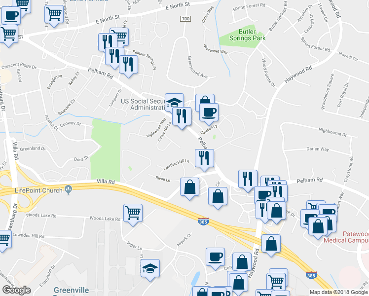 map of restaurants, bars, coffee shops, grocery stores, and more near 115 Covey Hill Lane in Greenville
