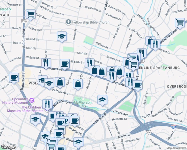 map of restaurants, bars, coffee shops, grocery stores, and more near 9 Elizabeth Street in Greenville