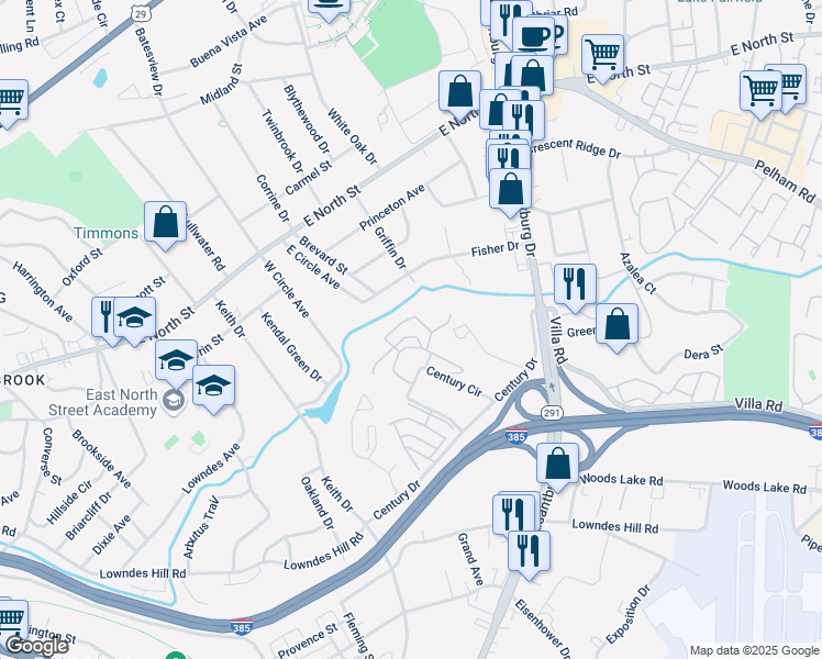 map of restaurants, bars, coffee shops, grocery stores, and more near 65 Century Circle in Greenville