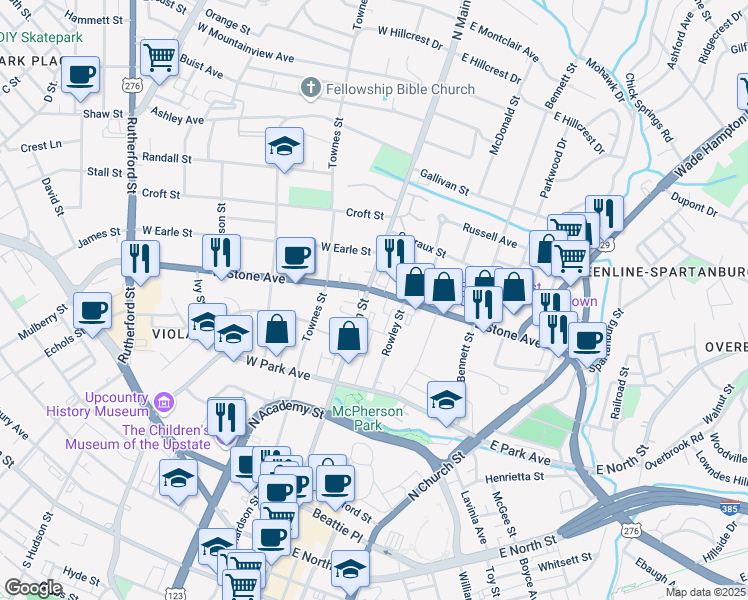 map of restaurants, bars, coffee shops, grocery stores, and more near 8275 East Stone Avenue in Greenville