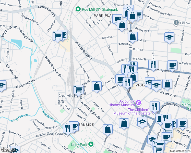 map of restaurants, bars, coffee shops, grocery stores, and more near 409 Pinckney Street in Greenville