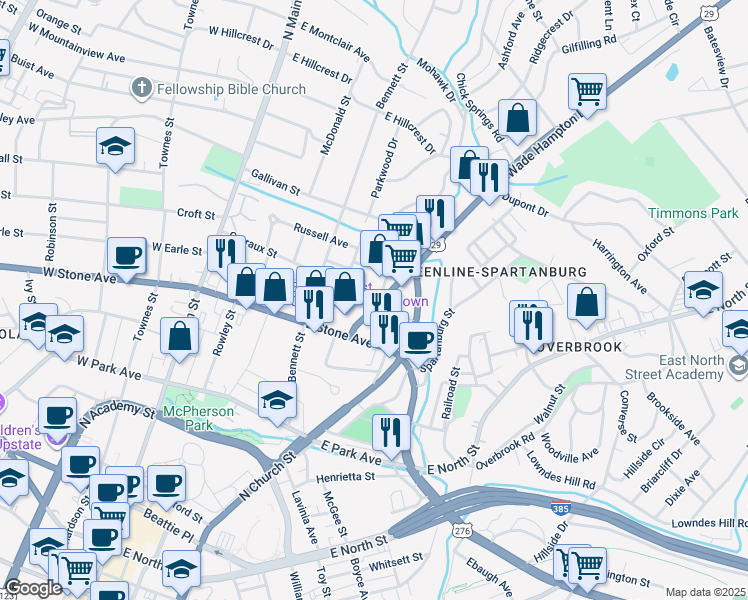 map of restaurants, bars, coffee shops, grocery stores, and more near 221 East Earle Street in Greenville