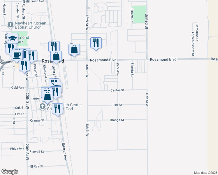 map of restaurants, bars, coffee shops, grocery stores, and more near 1258 Rosamond Boulevard in Rosamond