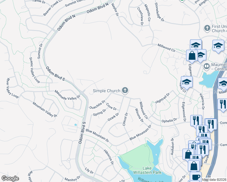 map of restaurants, bars, coffee shops, grocery stores, and more near 29 Ouachita Drive in Maumelle