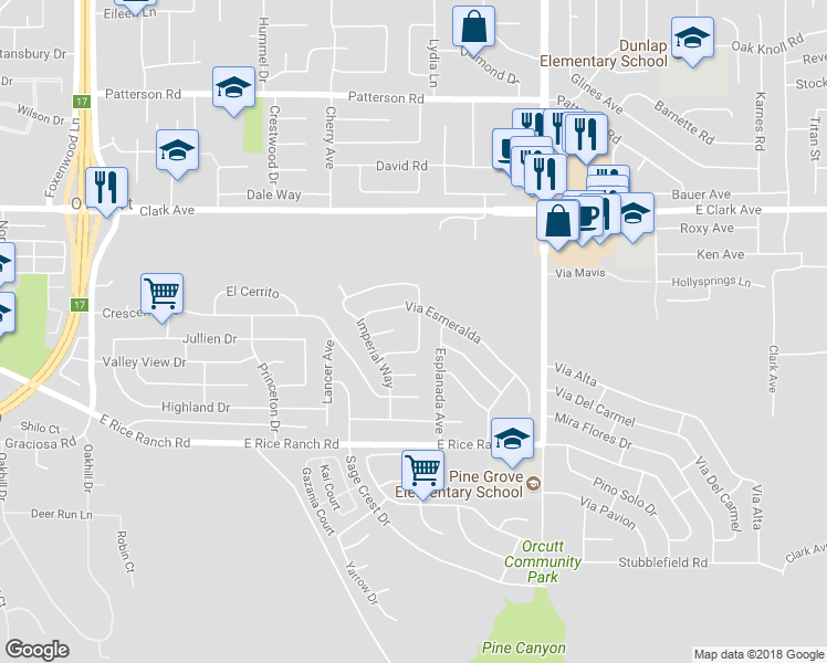 map of restaurants, bars, coffee shops, grocery stores, and more near 5435 Del Norte Way in Santa Maria