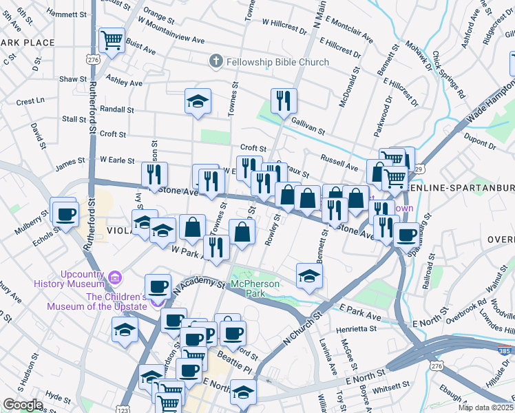 map of restaurants, bars, coffee shops, grocery stores, and more near 8275 East Stone Avenue in Greenville