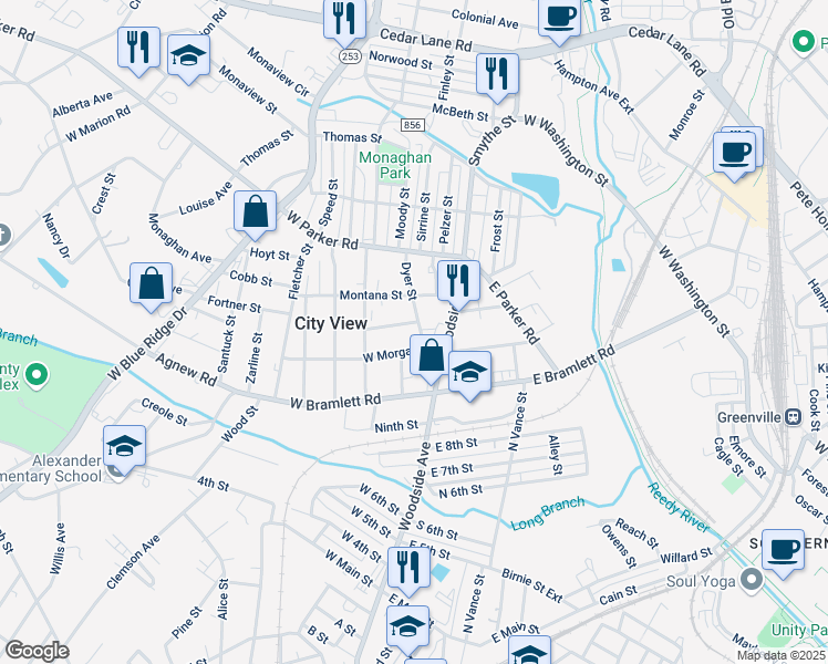 map of restaurants, bars, coffee shops, grocery stores, and more near 8 Dyer Street in Greenville