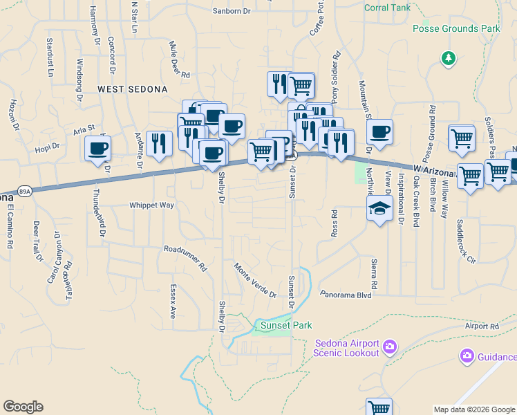 map of restaurants, bars, coffee shops, grocery stores, and more near 150 Osborn Street in Sedona